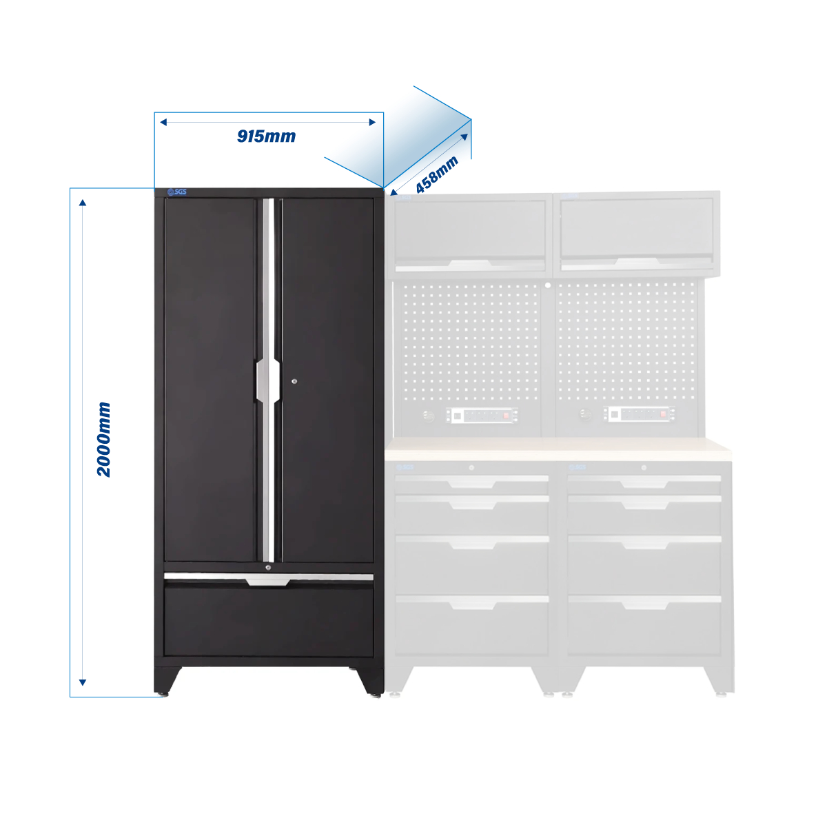 SGS 7pc Modular Garage Storage | 8 Drawers | Plywood Worktop | 2x Upper Cabinets | Tall Double Cabinet | Pegboards with Power Strip